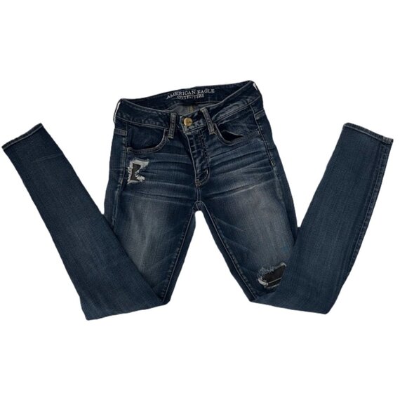 American Eagle Women’s Distressed Skinny Dark Wash Stretch Jeans Size 2 - Picture 5 of 7